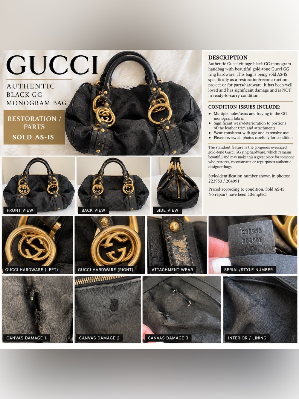 Gucci Black Monogram Shoulder Bag with Gold-Tone GG Rings FOR RESTORATION PUPOSE